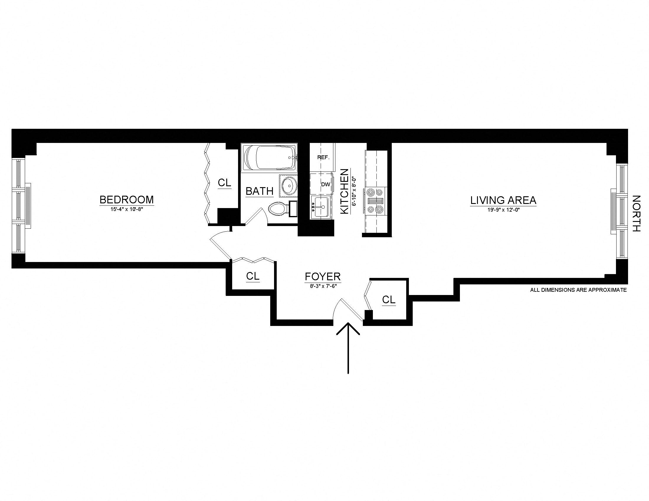 Floor plan for 1 bed, 1 bath, 660 sqft